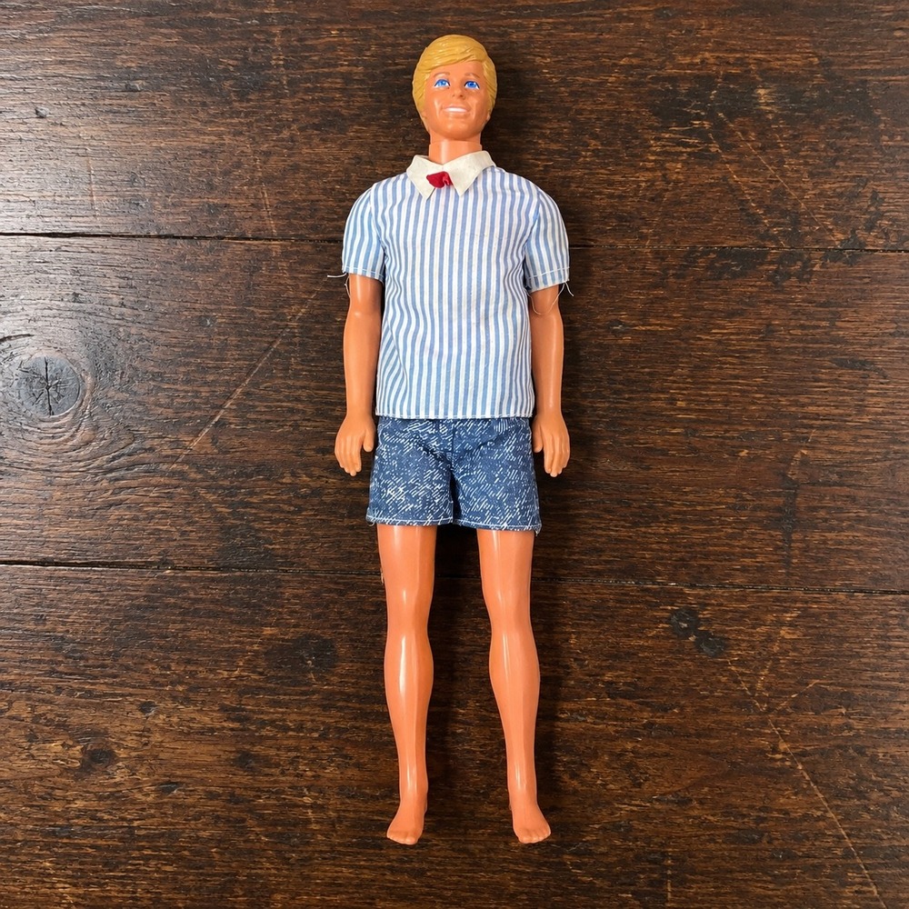 Vintage 1968 1983 Mattel Ken Doll Molded Blonde Hair Blue Eyes Striped Shirt 12"
